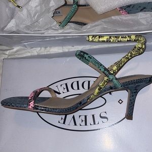 Steve Madden Print snake (teal, pink and yellow) stretch sandal.